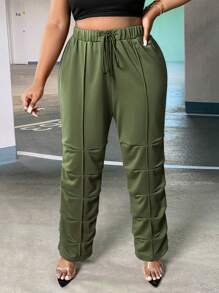 Slaydiva 大碼腰部抽繩接縫細節褶邊衛褲