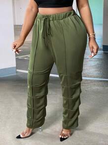 Slaydiva 大碼腰部抽繩接縫細節褶邊衛褲