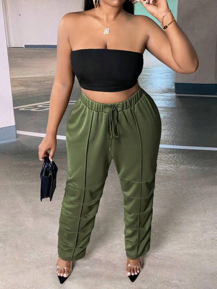 Plus Drawstring Waist Seam Detail Ruched Sweatpants