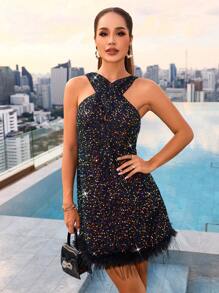 Allurite Fuzzy Trim Sequin Dress - Black - View 6