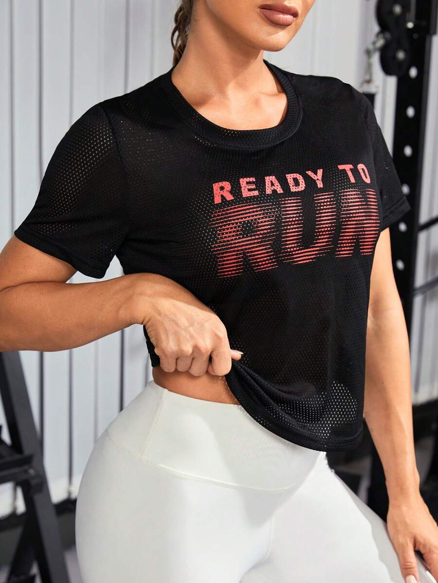 Yoga Basic 標語圖案運動T恤 - 黑色 - 查看 1