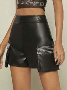 SHEIN BAE Rhinestone Detail PU Leather Shorts