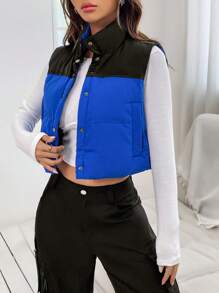 SHEIN EZwear 双色按扣短款背心夹棉外套（不含 T 恤） - 藍色 - 查看 4