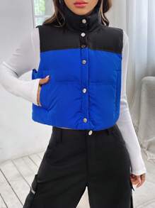 SHEIN EZwear 双色按扣短款背心夹棉外套（不含 T 恤） - 藍色 - 查看 5