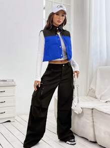 SHEIN EZwear 双色按扣短款背心夹棉外套（不含 T 恤） - 藍色 - 查看 6