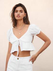 SHEIN Unity Top unicolore à manches bouffantes à volants - Blanc - Voir 1