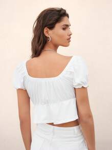 SHEIN Unity Top unicolore à manches bouffantes à volants - Blanc - Voir 2