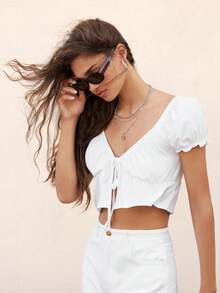 SHEIN Unity Top unicolore à manches bouffantes à volants - Blanc - Voir 3