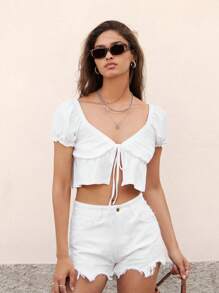 SHEIN Unity Top unicolore à manches bouffantes à volants - Blanc - Voir 4