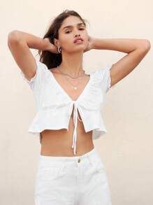 SHEIN Unity Top unicolore à manches bouffantes à volants - Blanc - Voir 5