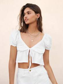 SHEIN Unity Top unicolore à manches bouffantes à volants - Blanc - Voir 6