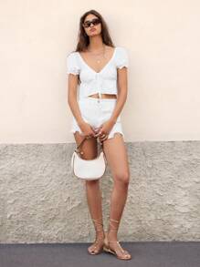 SHEIN Unity Top unicolore à manches bouffantes à volants - Blanc - Voir 7