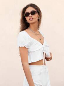 SHEIN Unity Top unicolore à manches bouffantes à volants - Blanc - Voir 8
