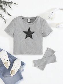 SHEIN Tween Girl Star Print Tee With Removable Sleeve - Light Grey - View 1