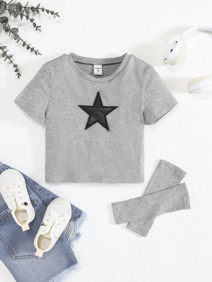 SHEIN Tween Girl Star Print Tee With Removable Sleeve - Light Grey - View 1