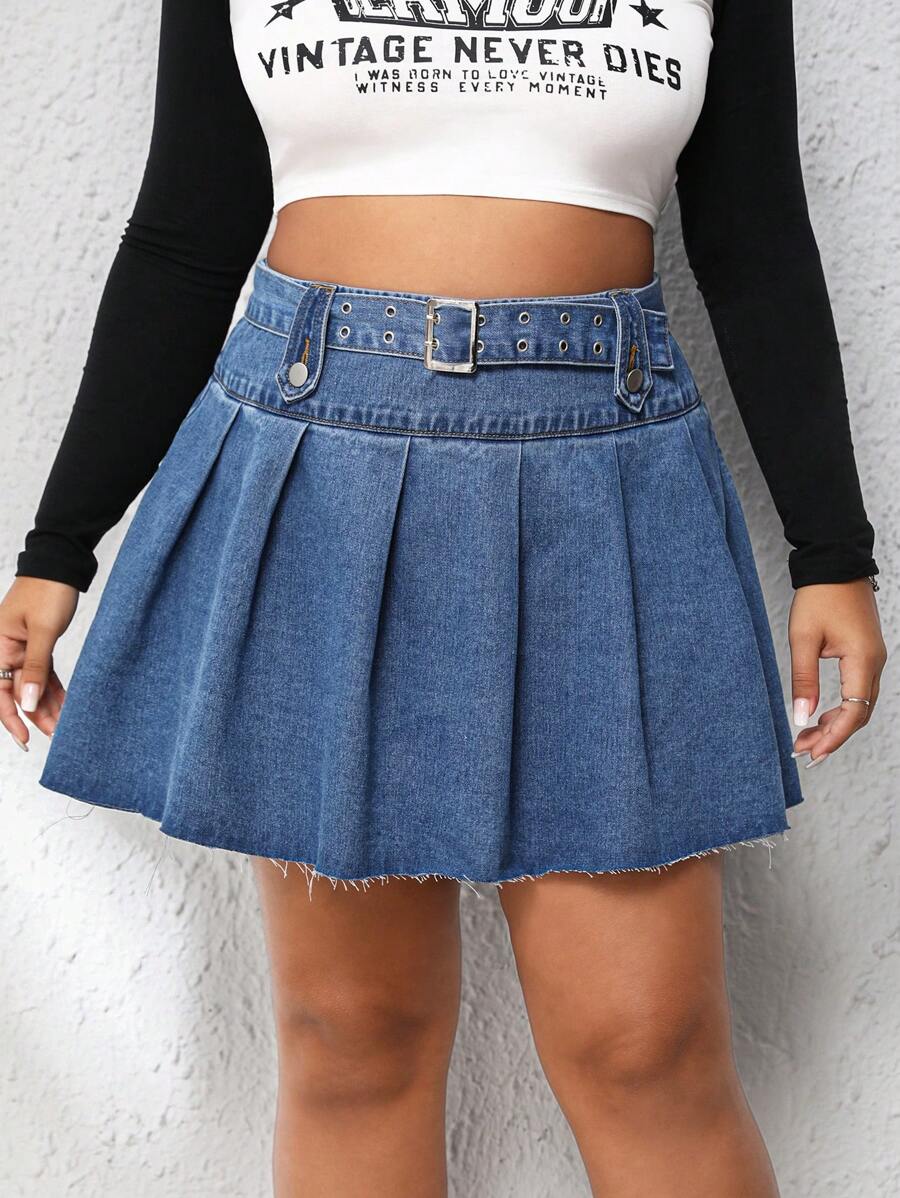 SHEIN EZwear Hơn Cao eo Thắt lưng Xếp li Raw Hem Váy Denim - Rửa trung bình - Xem 1