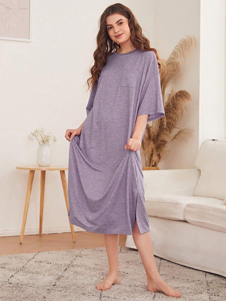 SHEIN Unity Drop Shoulder Split Hem Nightdress - Mauve Purple - View 1
