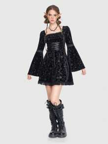 ROMWE Fairycore Vestido con patrón de estrella con cordón con encaje en contraste de terciopelo - Negro - Ver 4