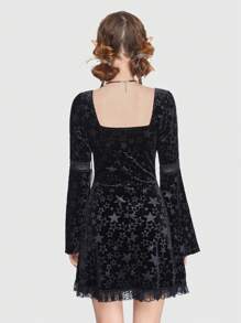 ROMWE Fairycore Vestido con patrón de estrella con cordón con encaje en contraste de terciopelo - Negro - Ver 3