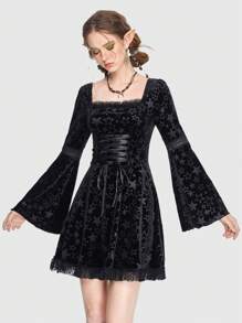 ROMWE Fairycore Vestido con patrón de estrella con cordón con encaje en contraste de terciopelo - Negro - Ver 1