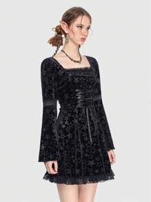 ROMWE Fairycore Vestido con patrón de estrella con cordón con encaje en contraste de terciopelo - Negro - Ver 5