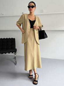 DAZY 纯色纽扣前襟大衣和开衩下摆短裙，女式两件套 - 黃色 - 查看 3