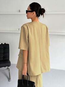 DAZY 纯色纽扣前襟大衣和开衩下摆短裙，女式两件套 - 黃色 - 查看 2