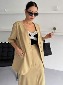 DAZY 纯色纽扣前襟大衣和开衩下摆短裙，女式两件套 - 黃色 - 查看 6