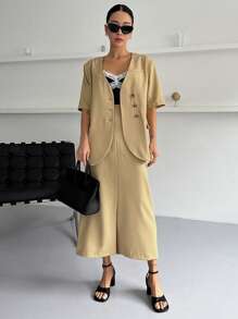 DAZY 纯色纽扣前襟大衣和开衩下摆短裙，女式两件套 - 黃色 - 查看 7