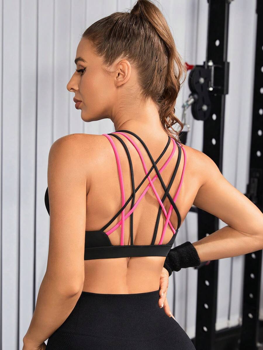 Criss Cross Back Sports Bra - Black - View 1