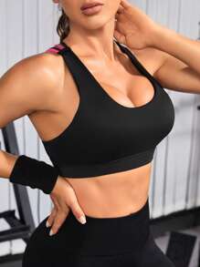 Criss Cross Back Sports Bra - Black - View 4