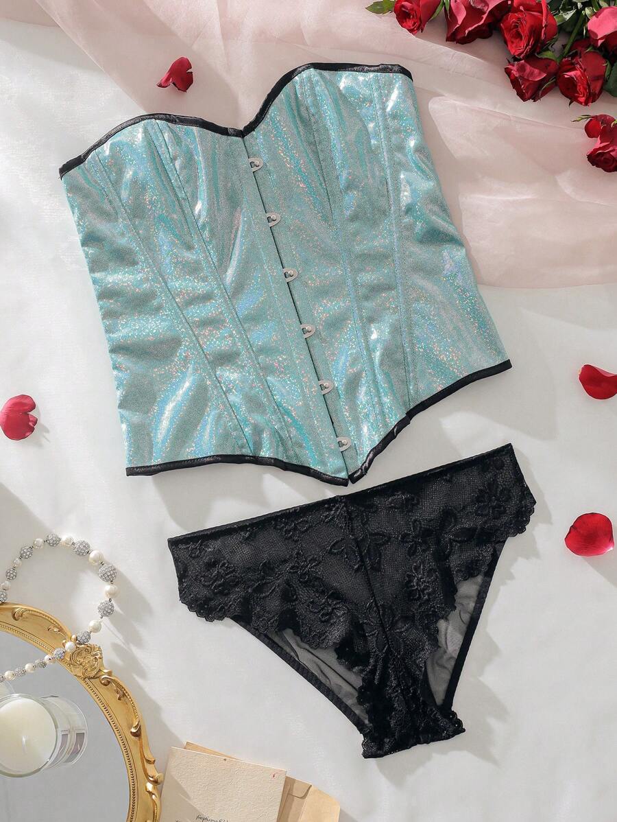 Set de lencería con encaje en contraste - Verde - Ver 1