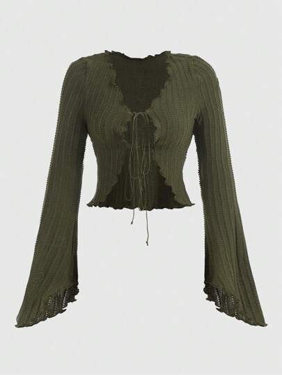 ROMWE Hippie Lettuce Trim Tie Front Crop Top