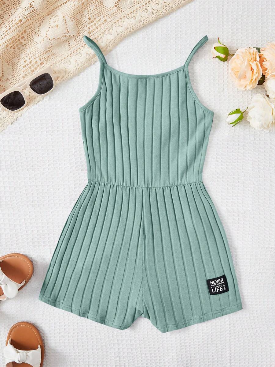 SHEIN Tween Girl Letter Patched Detail Cami Romper - Mint Green - View 1