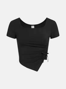 SHEIN Girlism Garota Adolescente Cordão Ao Lado Bainha Assimétrica Camiseta