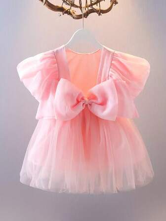 女嬰前蝴蝶結網紗覆蓋連衣裙