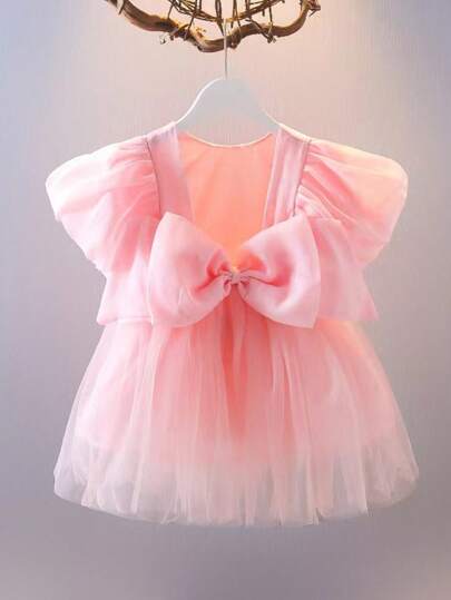 Baby Girl Bow Front Mesh Overlay Dress