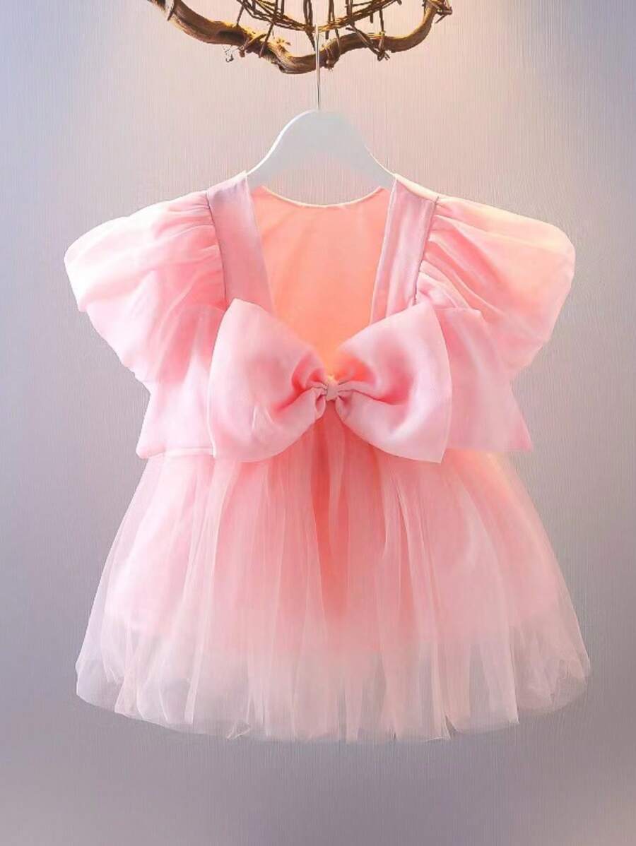 女嬰前蝴蝶結網紗覆蓋洋裝 - 淺粉色 - 查看 1