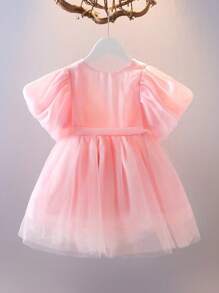 女嬰前蝴蝶結網紗覆蓋洋裝 - 淺粉色 - 查看 2