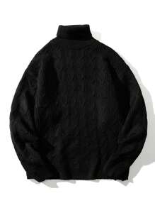 Men Turtleneck Cable Knit Sweater - Black - View 1