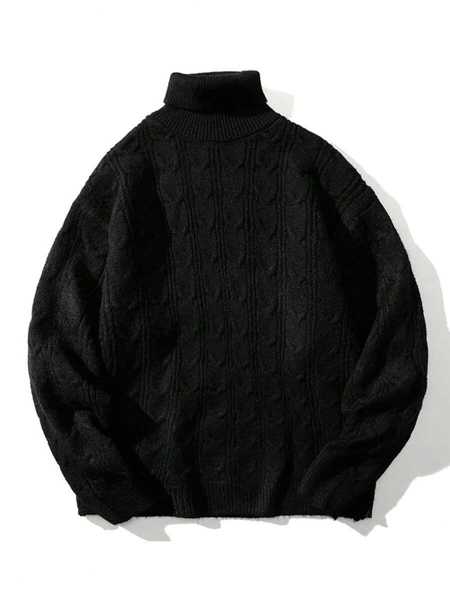 Men Turtleneck Cable Knit Sweater - Black - View 1