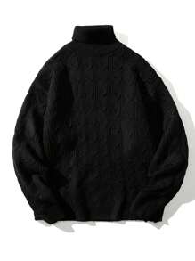 Men Turtleneck Cable Knit Sweater - Black - View 2