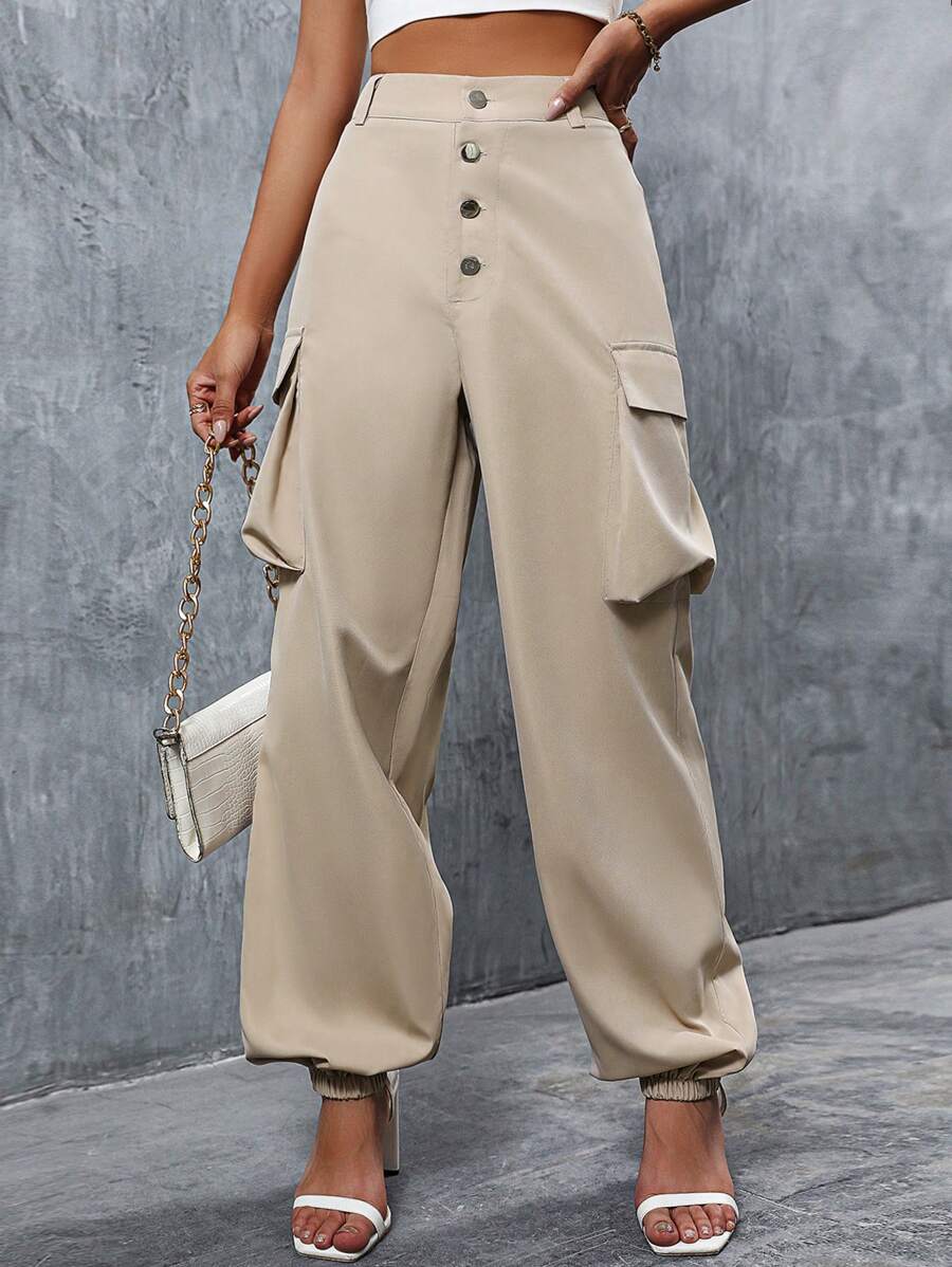 SHEIN Essnce Button Fly Flap Pocket Side Cargo Trousers - Khaki - View 1