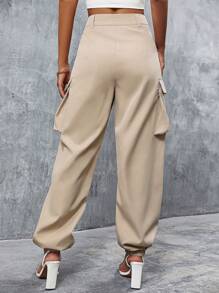 SHEIN Essnce Button Fly Flap Pocket Side Cargo Trousers - Khaki - View 2