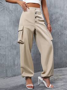 SHEIN Essnce Button Fly Flap Pocket Side Cargo Trousers - Khaki - View 3