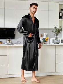 Men Solid Belted Robe - Black - View 5
