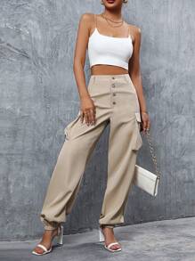 SHEIN Essnce Button Fly Flap Pocket Side Cargo Trousers - Khaki - View 6