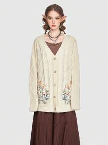 ROMWE Fairycore Women Cardigans Sulaman Plants Casual - Aprikot - View 1