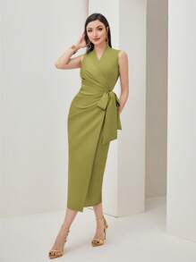 Modelyn 纯色裹身结侧裙长款晚礼服 - 橄欖綠 - 查看 2