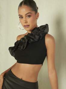 SHEIN BAE 單肩荷葉邊短款上衣 - 黑色 - 查看 4